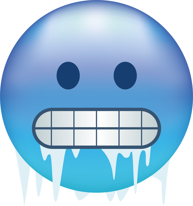 Cold emoji. Freezing emoticon, icy blue face with gritted teeth, icicles and snow cap